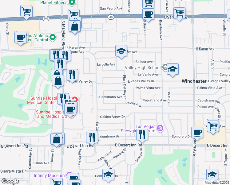 map of restaurants, bars, coffee shops, grocery stores, and more near 1659 Palma Vista Avenue in Las Vegas