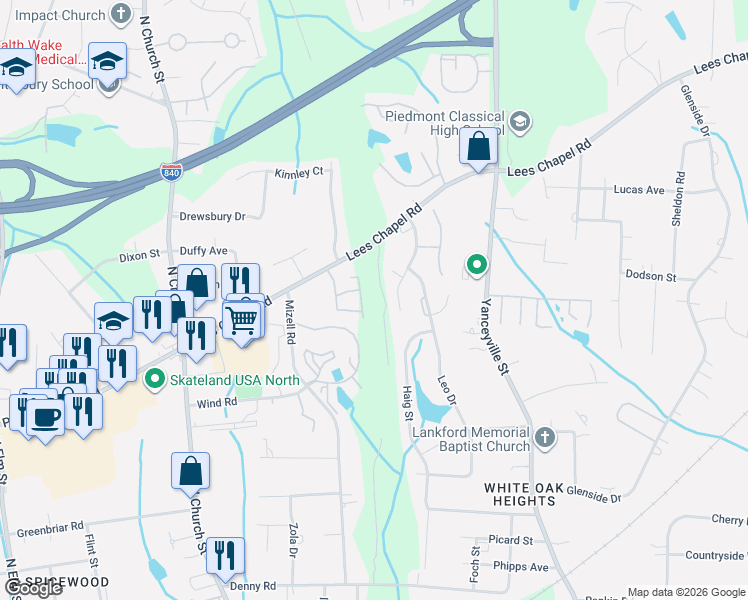 map of restaurants, bars, coffee shops, grocery stores, and more near 1360 Lees Chapel Road in Greensboro