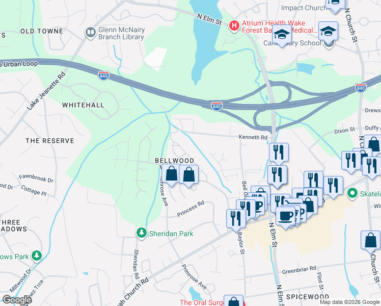 map of restaurants, bars, coffee shops, grocery stores, and more near 633 Kenneth Road in Greensboro