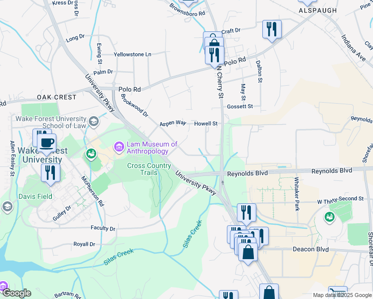 map of restaurants, bars, coffee shops, grocery stores, and more near 1231 Brookwood Drive in Winston-Salem