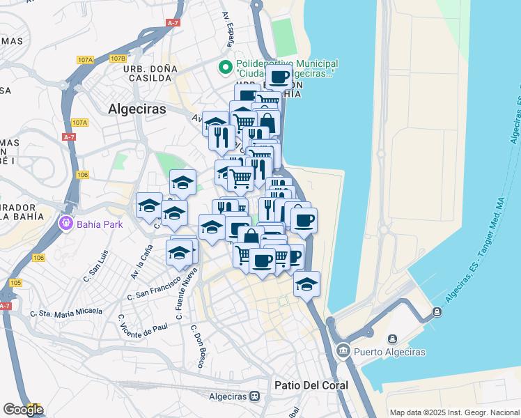 map of restaurants, bars, coffee shops, grocery stores, and more near 1 Avenida Capitán Ontañón in Algeciras