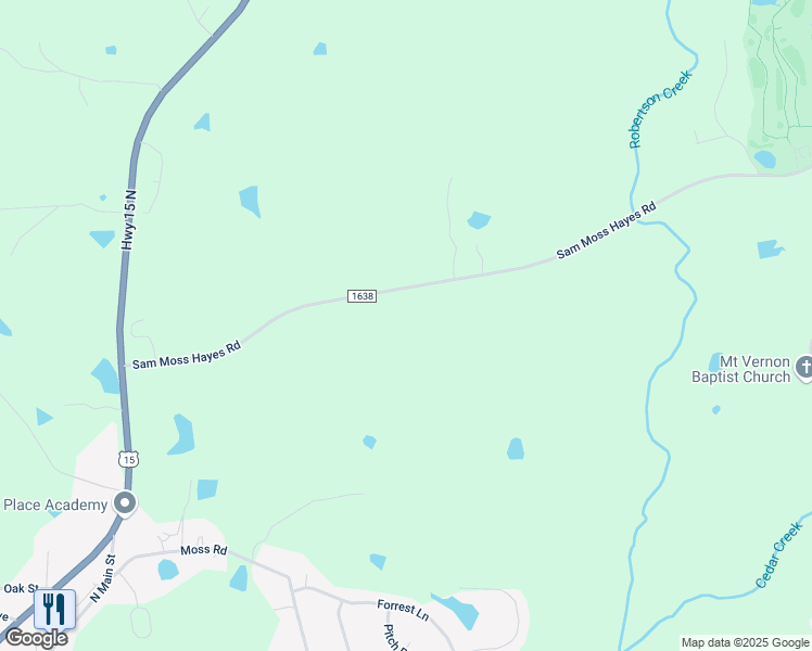 map of restaurants, bars, coffee shops, grocery stores, and more near 2156 Sam Moss Hayes Road in Creedmoor