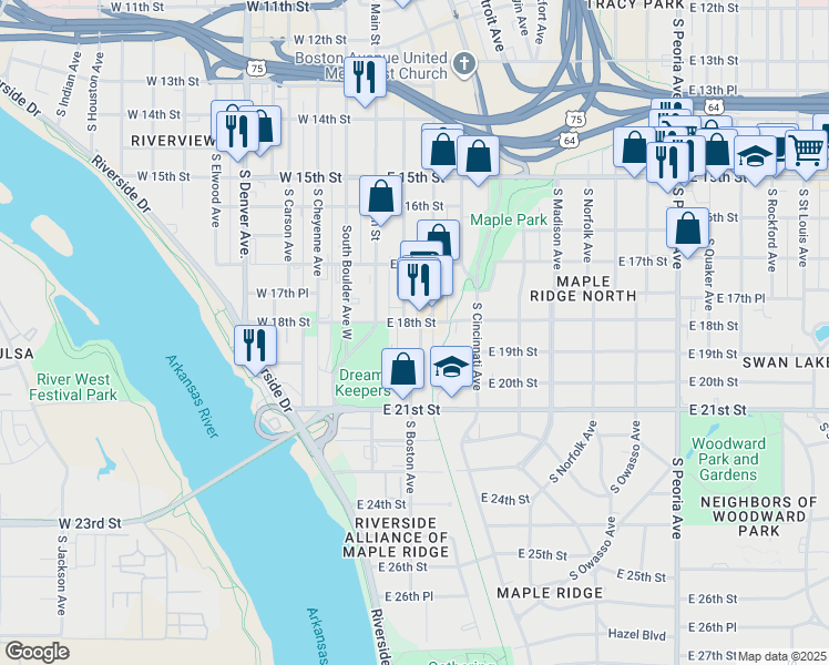 map of restaurants, bars, coffee shops, grocery stores, and more near 1740 South Baltimore Avenue in Tulsa