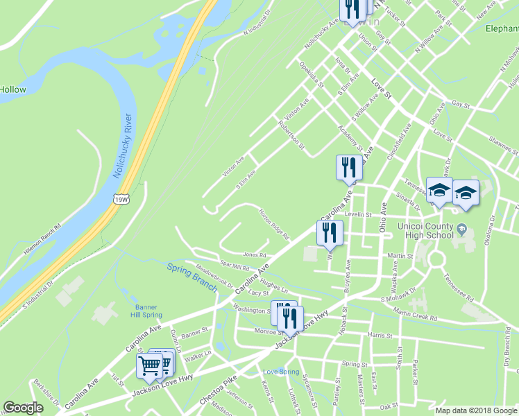 map of restaurants, bars, coffee shops, grocery stores, and more near 132 Horton Ridge Road in Erwin