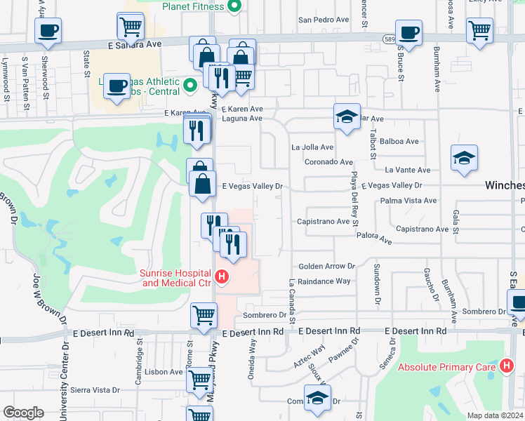 map of restaurants, bars, coffee shops, grocery stores, and more near 1405 East Vegas Valley Drive in Las Vegas