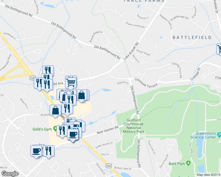 map of restaurants, bars, coffee shops, grocery stores, and more near 3701 Cotswold Terrace in Greensboro