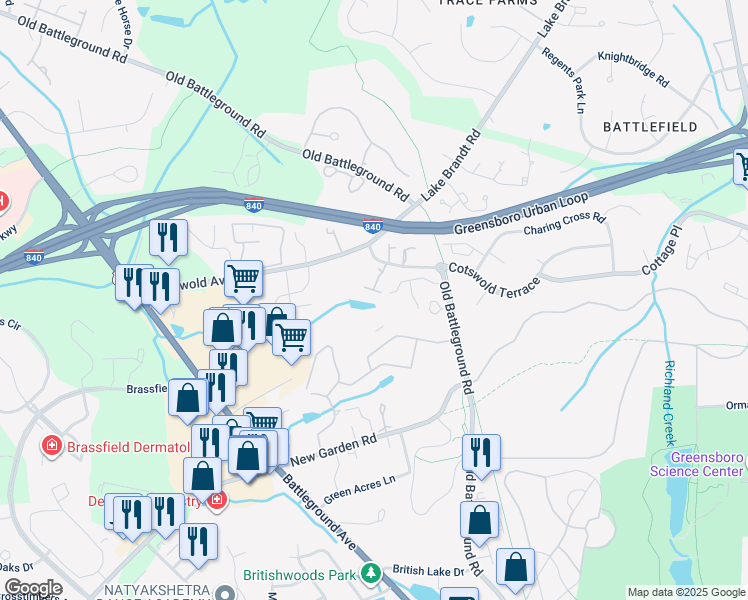 map of restaurants, bars, coffee shops, grocery stores, and more near 3701 Cotswold Terrace in Greensboro