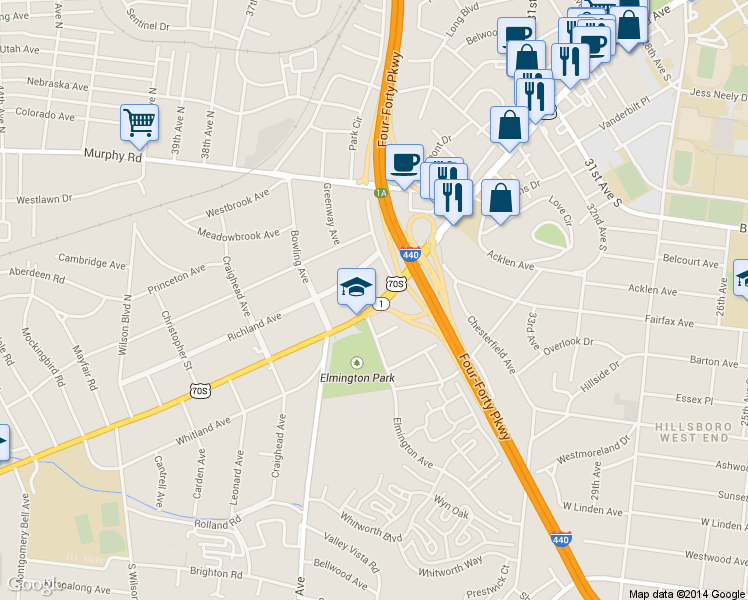 map of restaurants, bars, coffee shops, grocery stores, and more near 152 West End Place in Nashville