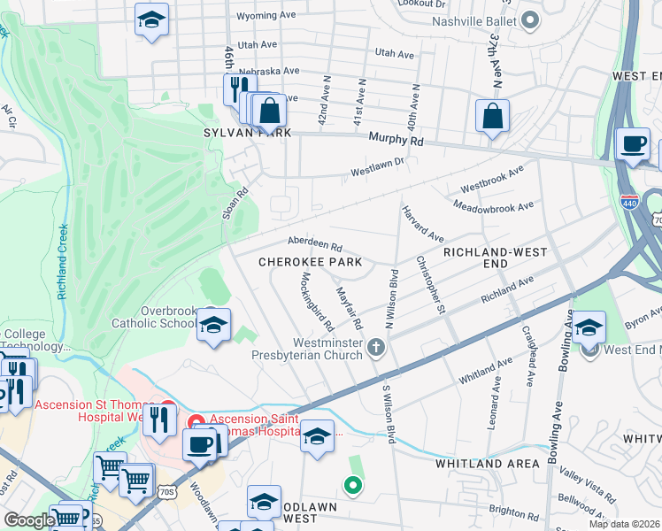 map of restaurants, bars, coffee shops, grocery stores, and more near 4018 Aberdeen Road in Nashville
