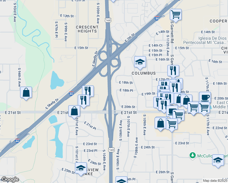 map of restaurants, bars, coffee shops, grocery stores, and more near 10608 East 18th Street in Tulsa