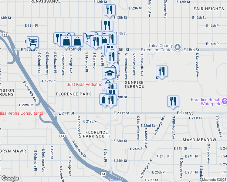 map of restaurants, bars, coffee shops, grocery stores, and more near 1727 South Harvard Avenue in Tulsa