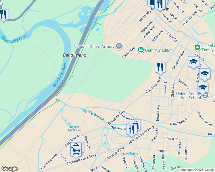 map of restaurants, bars, coffee shops, grocery stores, and more near 843 South Elm Avenue in Erwin