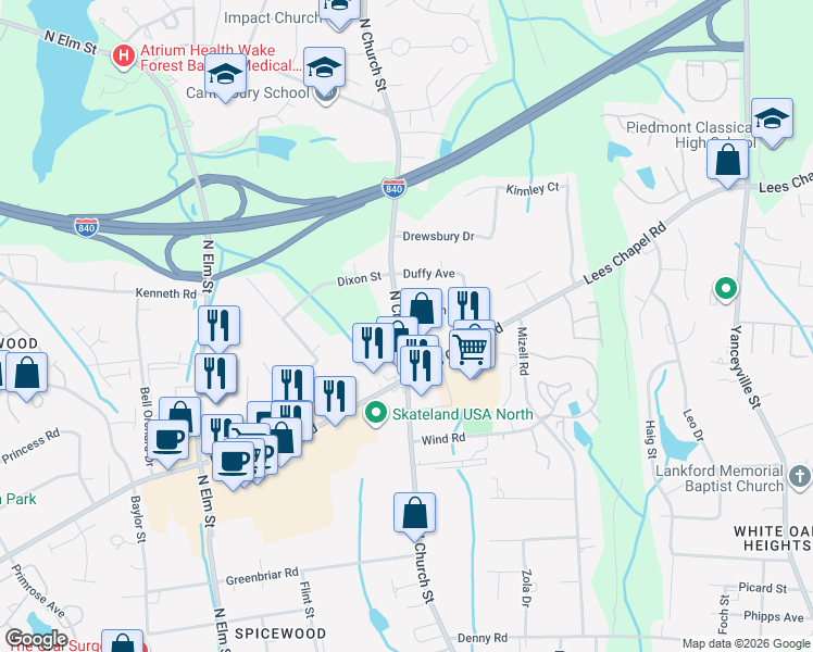 map of restaurants, bars, coffee shops, grocery stores, and more near 101 Millikin Street in Greensboro