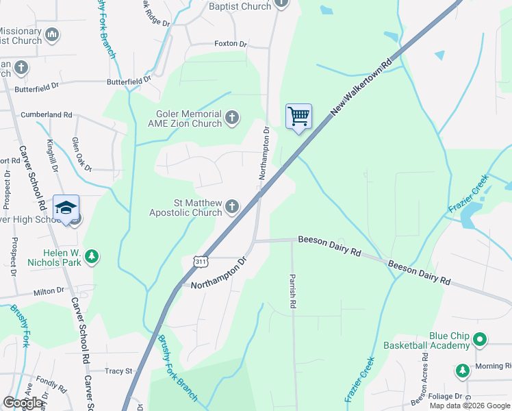 map of restaurants, bars, coffee shops, grocery stores, and more near 3800 Northampton Drive in Winston-Salem