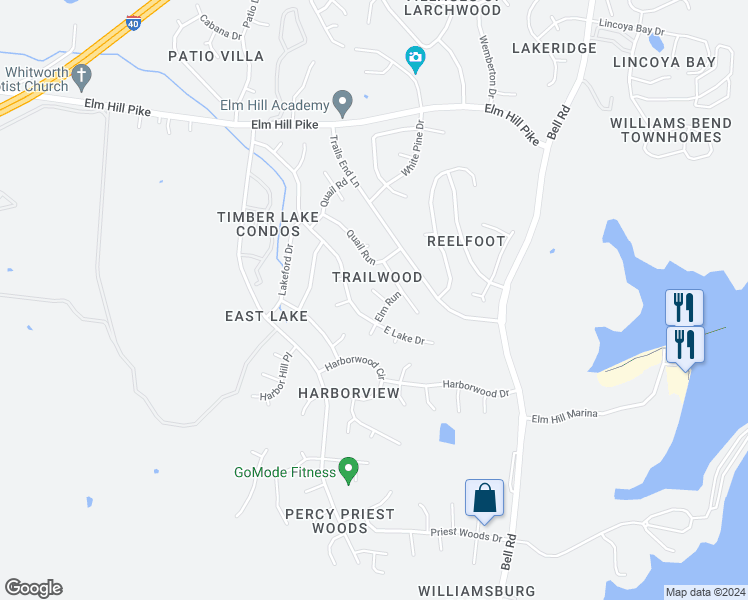 map of restaurants, bars, coffee shops, grocery stores, and more near 1505 Elm Run Court in Nashville