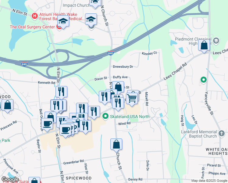 map of restaurants, bars, coffee shops, grocery stores, and more near 3918 North Church Street in Greensboro