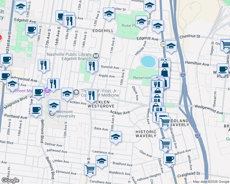 map of restaurants, bars, coffee shops, grocery stores, and more near 1009 Wade Avenue in Nashville