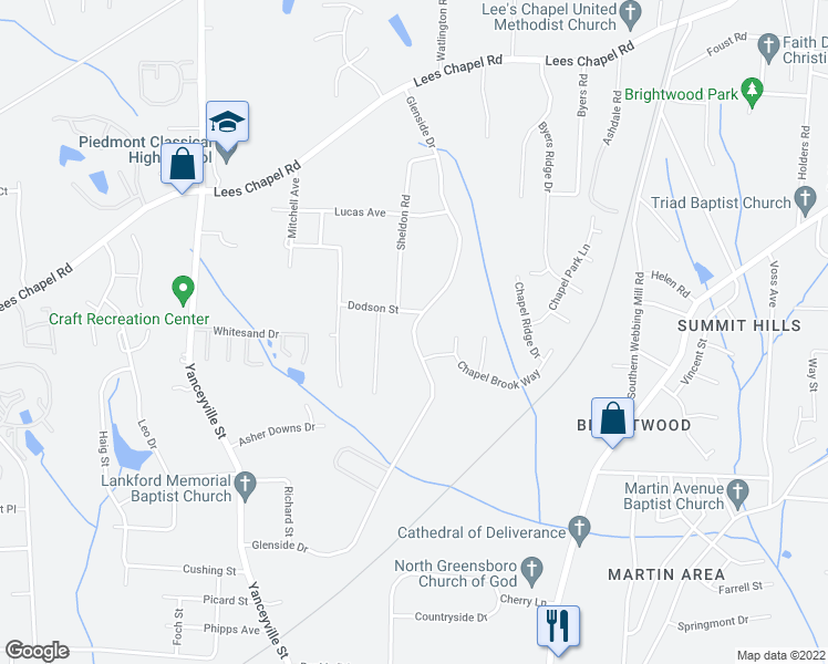 map of restaurants, bars, coffee shops, grocery stores, and more near 1822 Glenside Drive in Greensboro