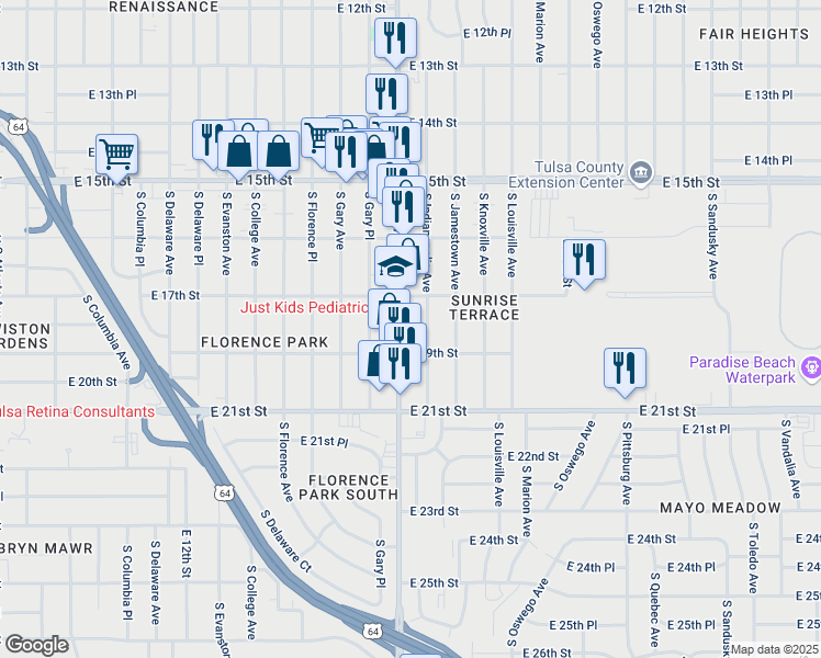 map of restaurants, bars, coffee shops, grocery stores, and more near 1727 South Harvard Avenue in Tulsa