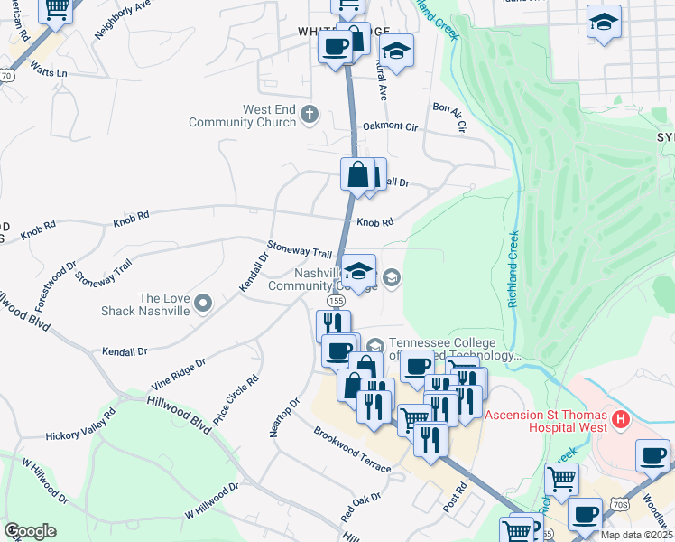 map of restaurants, bars, coffee shops, grocery stores, and more near White Bridge Road in Nashville