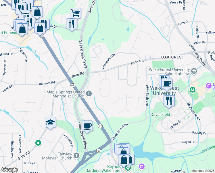 map of restaurants, bars, coffee shops, grocery stores, and more near 274 Crepe Myrtle Circle in Winston-Salem