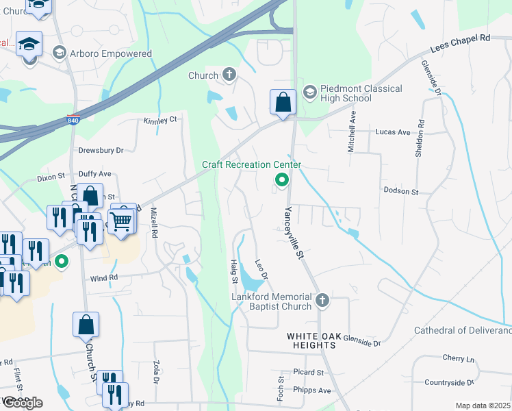 map of restaurants, bars, coffee shops, grocery stores, and more near 115 Queensberry Court in Greensboro