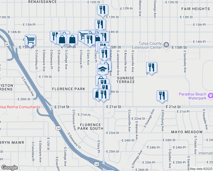 map of restaurants, bars, coffee shops, grocery stores, and more near 1727 South Harvard Avenue in Tulsa