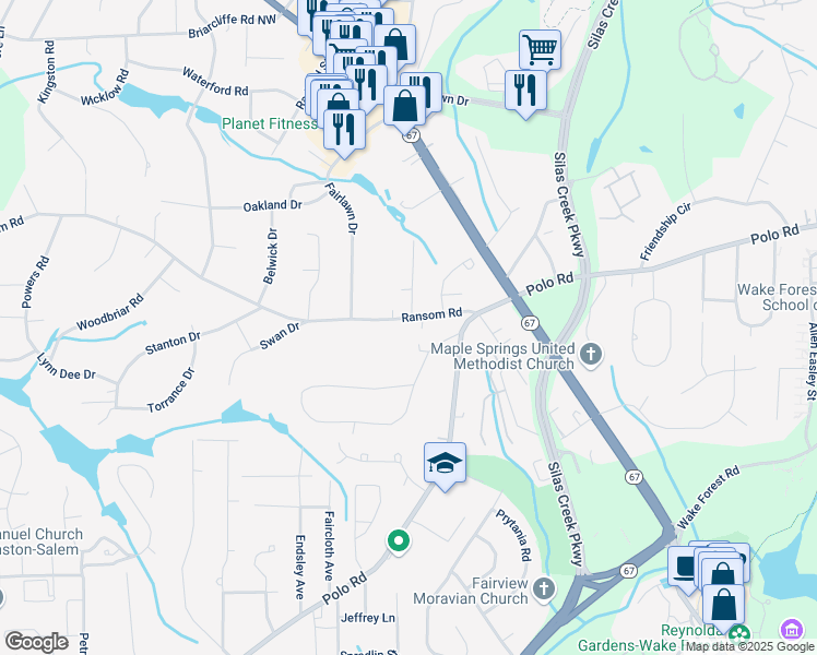 map of restaurants, bars, coffee shops, grocery stores, and more near 223 Ransom Road in Winston-Salem