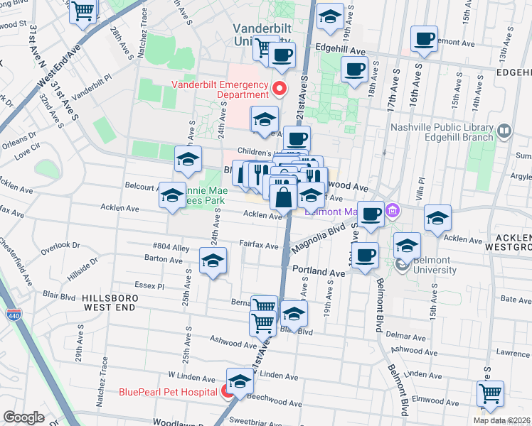 map of restaurants, bars, coffee shops, grocery stores, and more near 2114 Acklen Avenue in Nashville