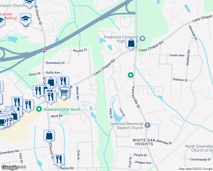 map of restaurants, bars, coffee shops, grocery stores, and more near 6010 White Chapel Way in Greensboro
