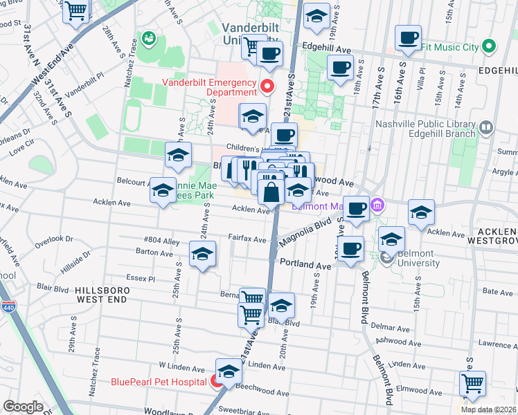 map of restaurants, bars, coffee shops, grocery stores, and more near 2113 Belcourt Avenue in Nashville