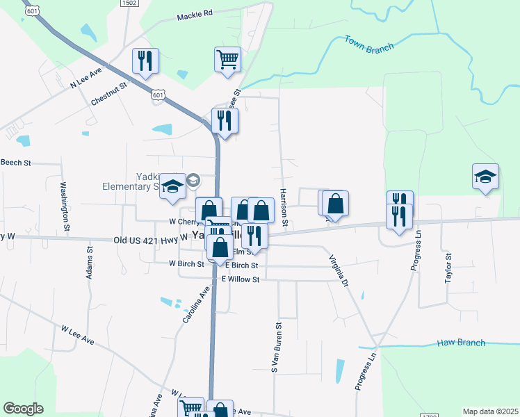 map of restaurants, bars, coffee shops, grocery stores, and more near 221 East Hemlock Street in Yadkinville