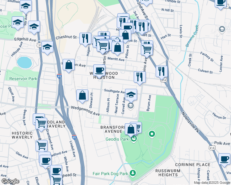 map of restaurants, bars, coffee shops, grocery stores, and more near 1611 Marshall Hollow Drive in Nashville