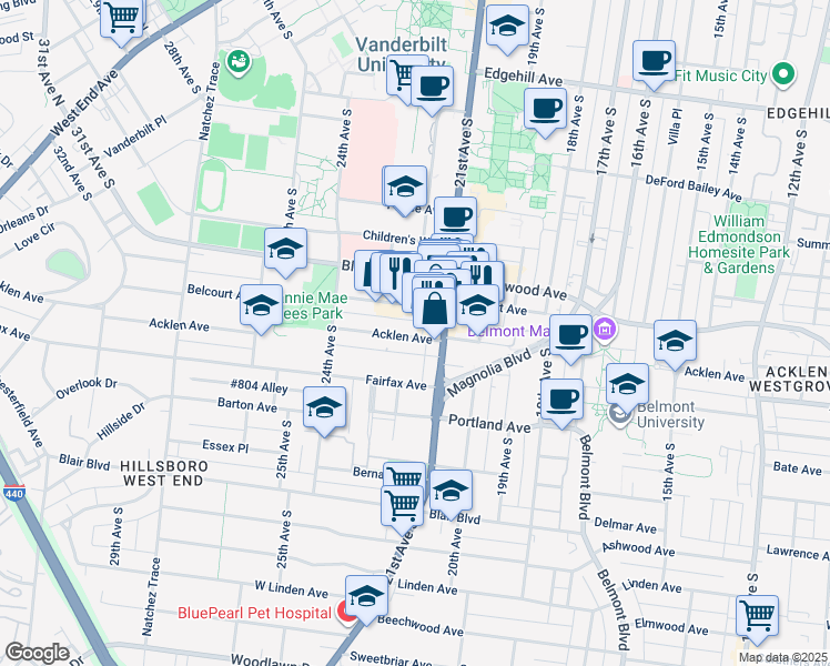 map of restaurants, bars, coffee shops, grocery stores, and more near 2113 Belcourt Avenue in Nashville