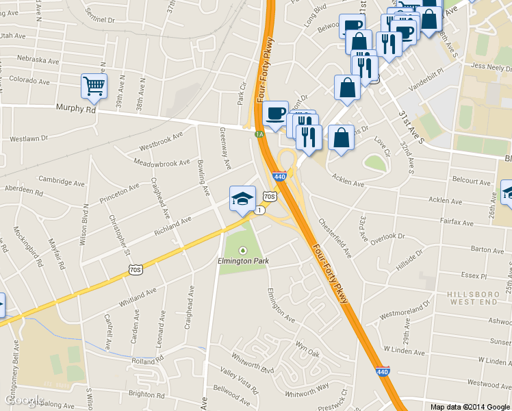 map of restaurants, bars, coffee shops, grocery stores, and more near 152 West End Place in Nashville