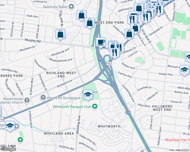 map of restaurants, bars, coffee shops, grocery stores, and more near 152 West End Place in Nashville