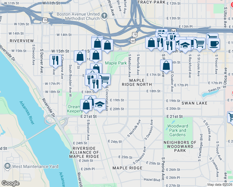 map of restaurants, bars, coffee shops, grocery stores, and more near 231 East 18th Street in Tulsa
