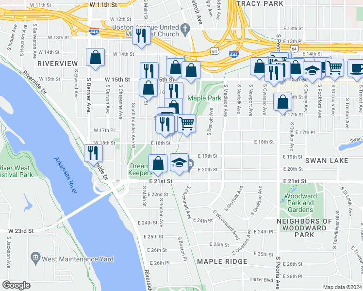 map of restaurants, bars, coffee shops, grocery stores, and more near 129 East 18th Street in Tulsa