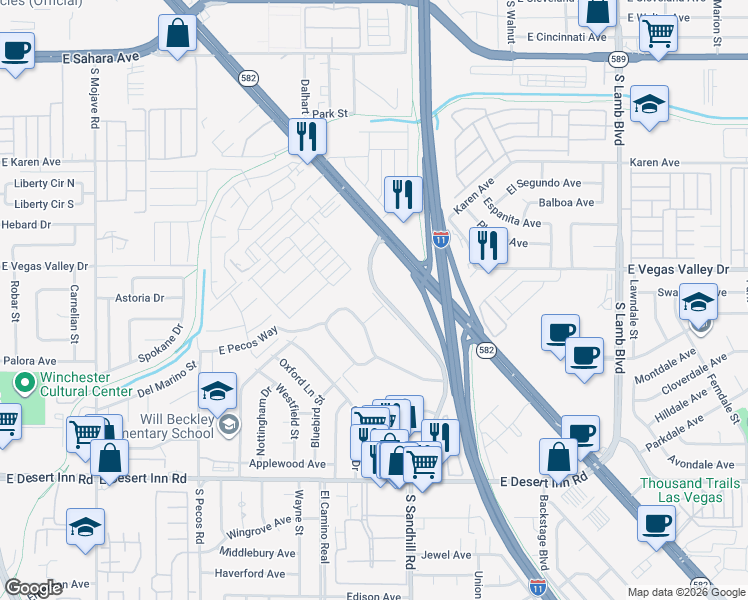 map of restaurants, bars, coffee shops, grocery stores, and more near 426 Greenbriar Townhouse Way in Las Vegas