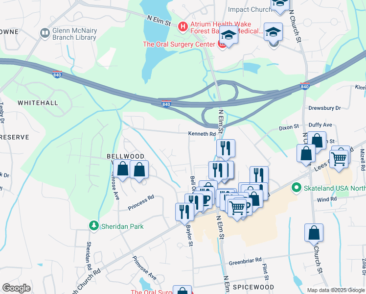 map of restaurants, bars, coffee shops, grocery stores, and more near 611 Kenneth Road in Greensboro