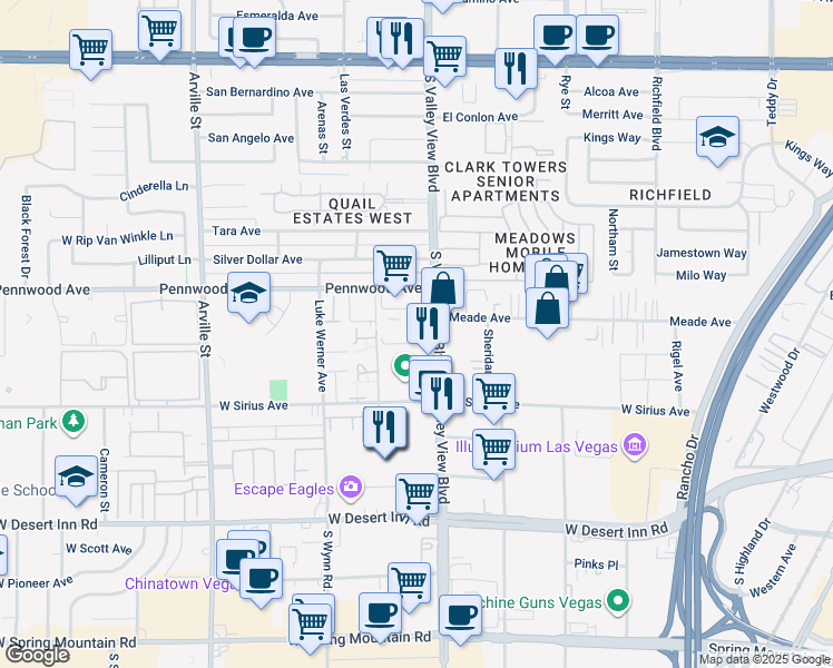 map of restaurants, bars, coffee shops, grocery stores, and more near 3015 South Valley View Boulevard in Las Vegas