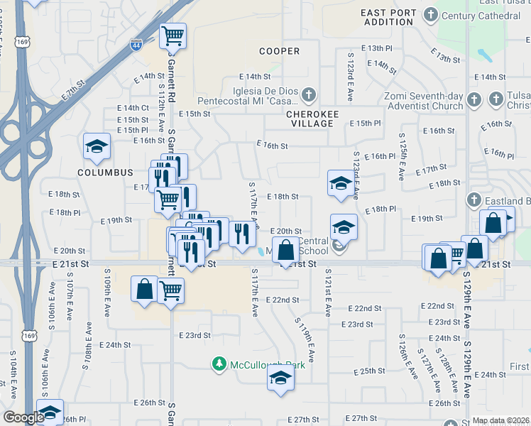 map of restaurants, bars, coffee shops, grocery stores, and more near 11798 East 19th Street in Tulsa