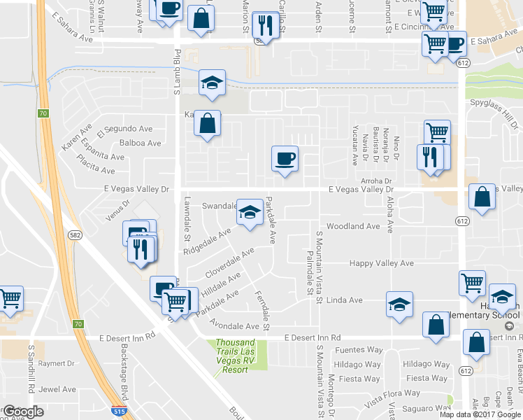 map of restaurants, bars, coffee shops, grocery stores, and more near 4425 Swandale Avenue in Las Vegas