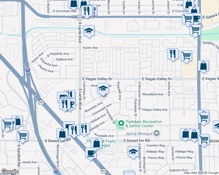 map of restaurants, bars, coffee shops, grocery stores, and more near 4393 Swandale Avenue in Las Vegas