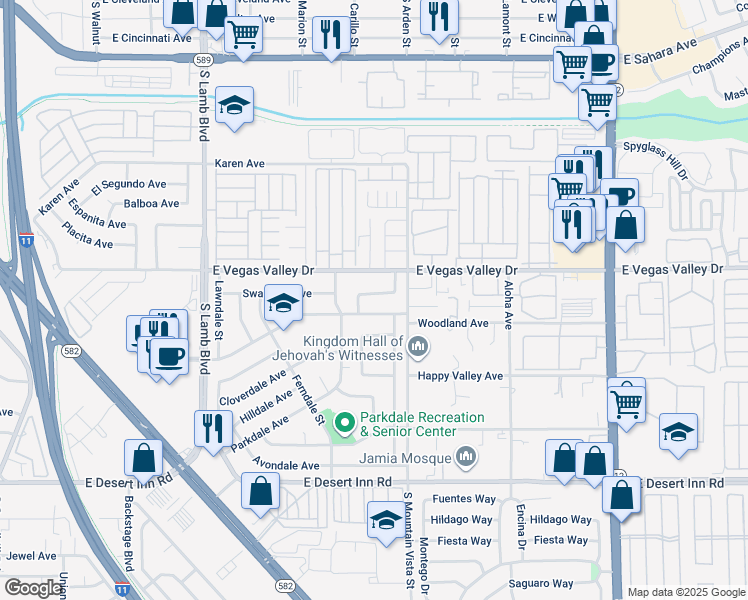 map of restaurants, bars, coffee shops, grocery stores, and more near 4521 Swandale Avenue in Las Vegas