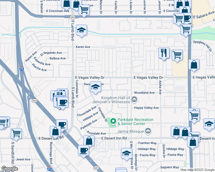 map of restaurants, bars, coffee shops, grocery stores, and more near 4425 Swandale Avenue in Las Vegas