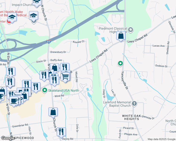 map of restaurants, bars, coffee shops, grocery stores, and more near 1338 Lees Chapel Road in Greensboro
