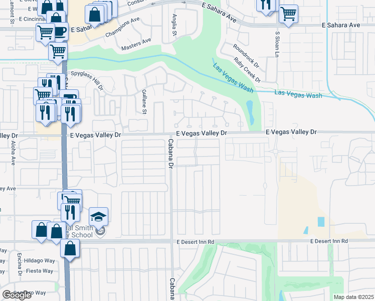 map of restaurants, bars, coffee shops, grocery stores, and more near 5467 Petaca Road in Las Vegas