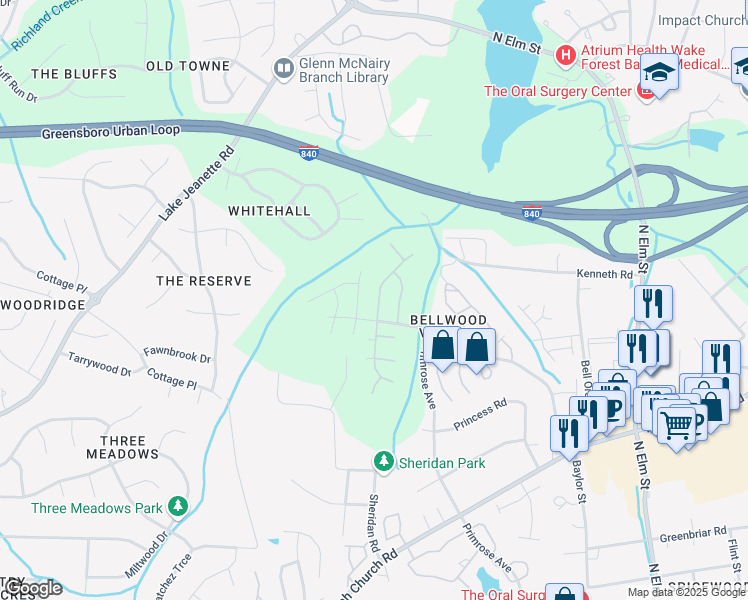map of restaurants, bars, coffee shops, grocery stores, and more near 4207 King Edward Court in Greensboro