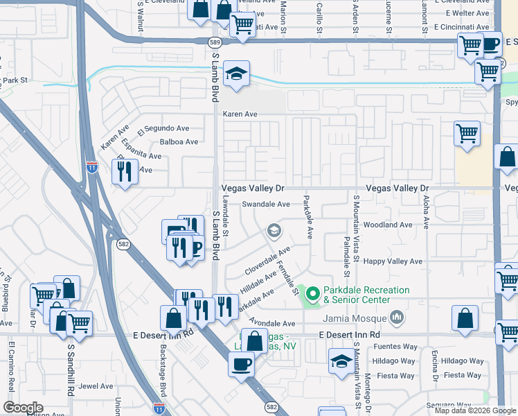 map of restaurants, bars, coffee shops, grocery stores, and more near 4338 Swandale Avenue in Las Vegas